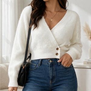 ✨White Wrap Sweater V Neck Cozy Chic Minimal Soft Knit Top Medium✨